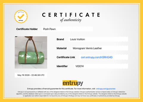 Authentic LOUIS VUITTON Monogram Green Bedford Vernis Papillon 30 Handbag