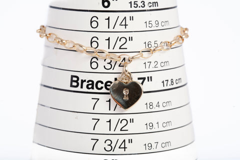 Ladies 14k Yellow Gold Rolo Link w/ Heart Lock Charm Bracelet