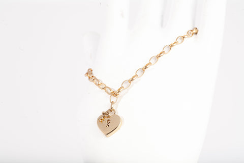 Ladies 14k Yellow Gold Rolo Link w/ Heart Lock Charm Bracelet