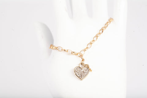 Ladies 14k Yellow Gold Rolo Link w/ Heart Lock Charm Bracelet