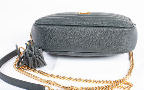 Authentic Yves Sint Laurent Grain De Poudre Matelasse Monogram Mini Lou Camera Bag Dark Green