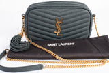 Authentic Yves Sint Laurent Grain De Poudre Matelasse Monogram Mini Lou Camera Bag Dark Green