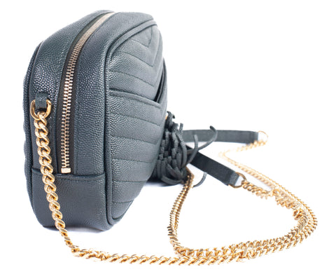Authentic Yves Sint Laurent Grain De Poudre Matelasse Monogram Mini Lou Camera Bag Dark Green