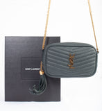 Authentic Yves Sint Laurent Grain De Poudre Matelasse Monogram Mini Lou Camera Bag Dark Green