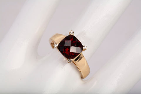 Vintage 18k Yellow Gold Cushion Cut Garnet with Diamond Accent Ring