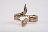 Ladies 14k Yellow Gold CZ Textured Snake with Pink Eyes Ring
