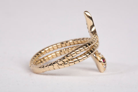 Ladies 14k Yellow Gold CZ Textured Snake with Pink Eyes Ring