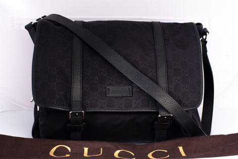 Authentic Gucci Black Nylon Monogram Double Buckle Flap Messenger Bag