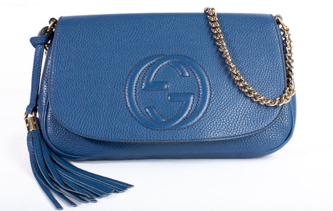 Authentic Gucci Pebbled Blue Calfskin Leather Soho Chain Crossbody Bag