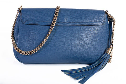 Authentic Gucci Pebbled Blue Calfskin Leather Soho Chain Crossbody Bag