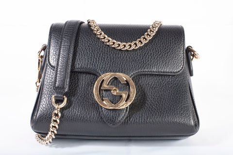 Authentic Black Gucci Dollar Calfskin Small Interlocking G Shoulder Bag