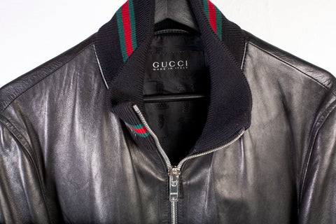 Authentic Gucci Web Gentlemens Black Leather Bomber Jacket