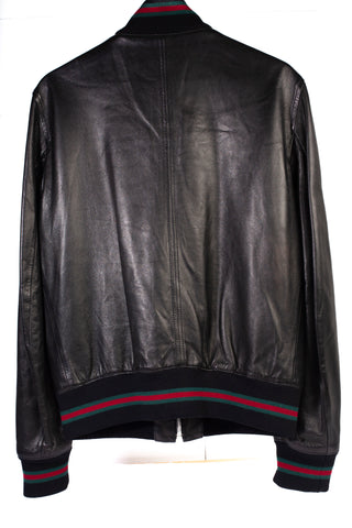 Authentic Gucci Web Gentlemens Black Leather Bomber Jacket