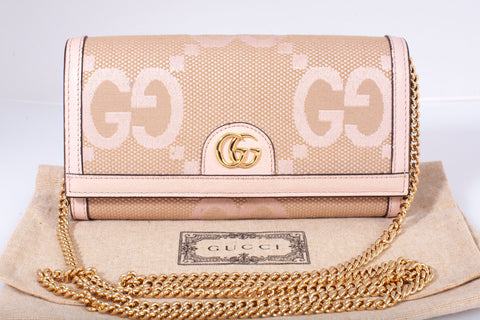 Authentic Gucci Jumbo GG Continental Wallet on Chain Beige/Pink