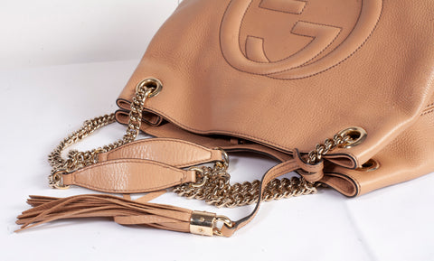 Authentic Gucci Beige Calfskin Leather Soho Chain Tote Bag