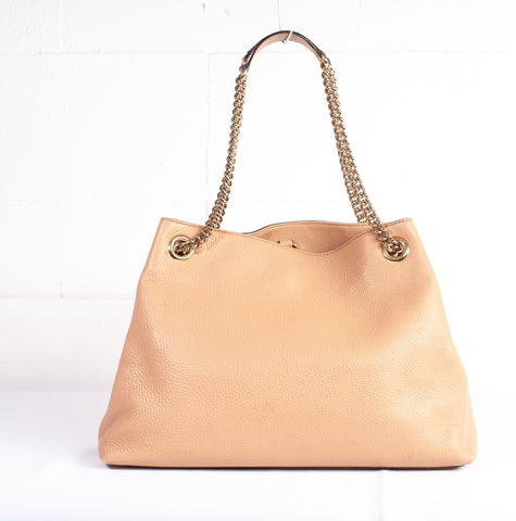Authentic Gucci Beige Calfskin Leather Soho Chain Tote Bag