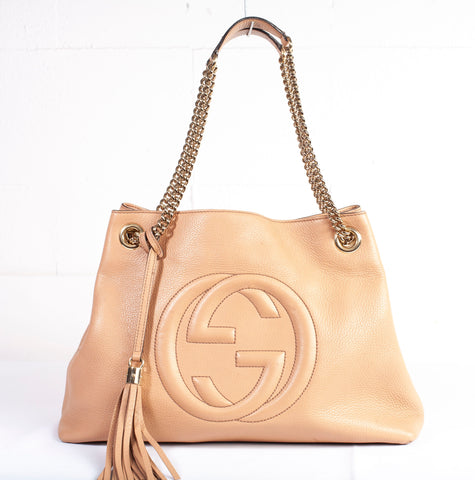 Authentic Gucci Beige Calfskin Leather Soho Chain Tote Bag