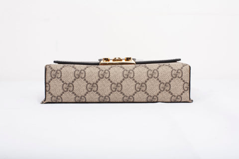 Authentic Gucci GG Supreme Black Leather Mini Padlock Top Handle Crossbody
