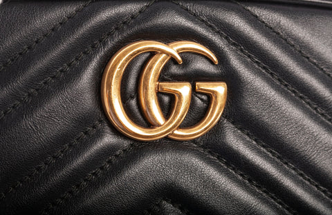 Authentic GUCCI Calfskin Matelasse Black Mini GG Marmont Chain Shoulder Bag