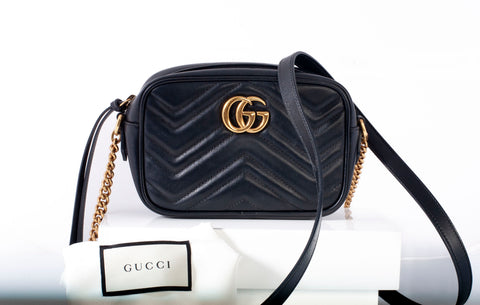 Authentic GUCCI Calfskin Matelasse Black Mini GG Marmont Chain Shoulder Bag