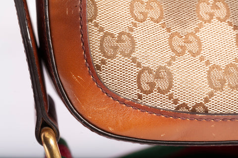 Authentic Gucci Monogram Medium Lady Web Shoulder Bag Beige Cuir