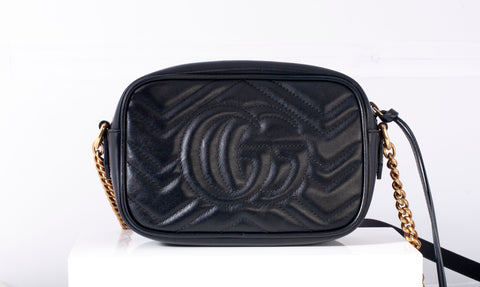 Authentic GUCCI Calfskin Matelasse Black Mini GG Marmont Chain Shoulder Bag