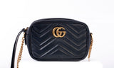 Authentic GUCCI Calfskin Matelasse Black Mini GG Marmont Chain Shoulder Bag