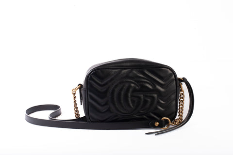 Authentic GUCCI Calfskin Matelasse Black Mini GG Marmont Chain Shoulder Bag