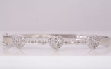 Ladies 14k White Gold Triple Heart Diamond Bangle Size 6.5"