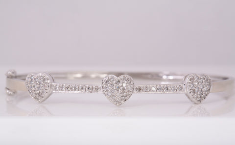 Ladies 14k White Gold Triple Heart Diamond Bangle Size 6.5"