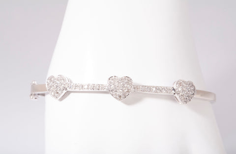 Ladies 14k White Gold Triple Heart Diamond Bangle Size 6.5"