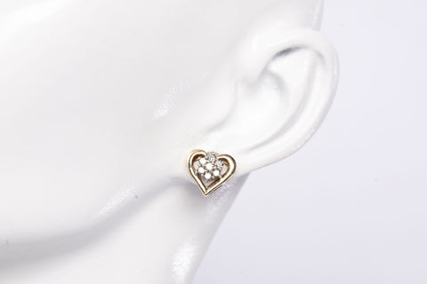 Ladies 10k Yellow Gold Heart Diamond Cluster Stud Earrings .28CWT