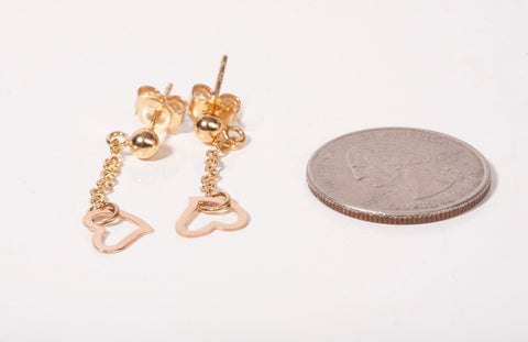 Ladies 14k Yellow Gold Heart Drop Chain Earrings