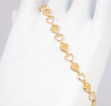Ladies 14k Yellow Gold Brushed and Open Diamond Cut Heart Bracelet Size 6.75"
