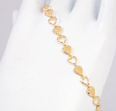 Ladies 14k Yellow Gold Brushed and Open Diamond Cut Heart Bracelet Size 6.75"