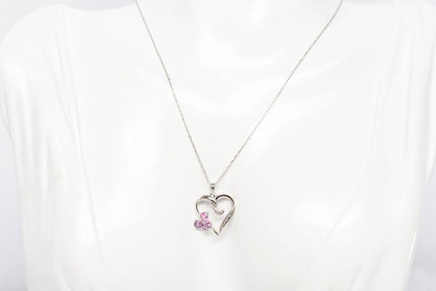 Ladies Dainty 10k White Gold Heart & Pink Stone Butterfly Diamond Accent Necklace .040CWT