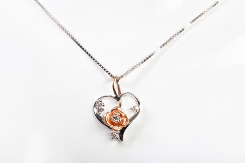Ladies 14k Two-Toned Heart Cutout Rose with Diamond Accents Pendant