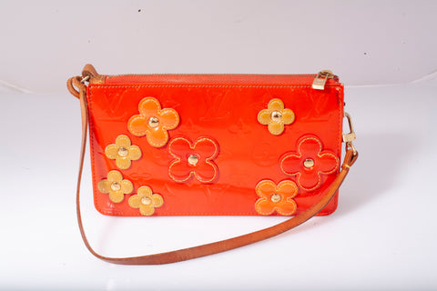 Authentic Louis Vuitton Orange Vernis Monogram Lexington Fleurs Pochette