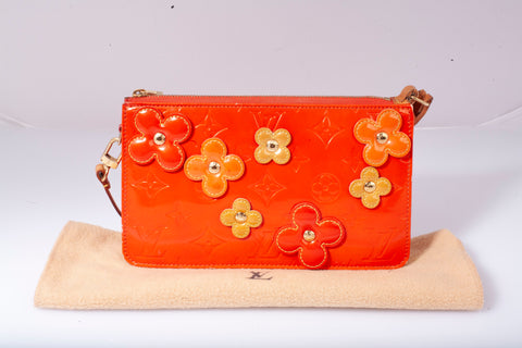Authentic Louis Vuitton Orange Vernis Monogram Lexington Fleurs Pochette