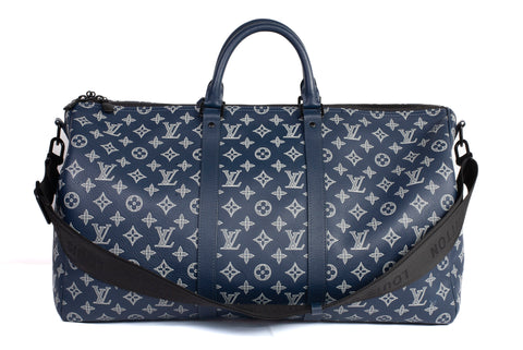Authentic Navy Blue Louis Vuitton Keepall Bandouliere 50 Monogram Shadow
