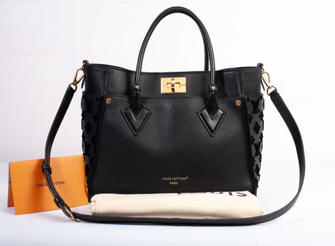 Authentic Louis Vuitton On My Side MM 2Way Tote Bag Monogram Tuffetage Noir Leather