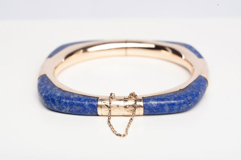 Ladies Lapis Lazuli 14k Yellow Gold Hinge Bangle Bracelet