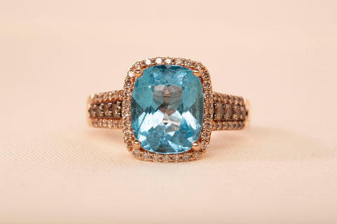 Le Vian 14k Rose Gold Blue Topaz with Chocolate and White Diamond Accents Ring