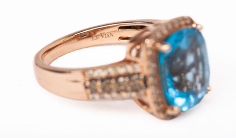 Le Vian 14k Rose Gold Blue Topaz with Chocolate and White Diamond Accents Ring