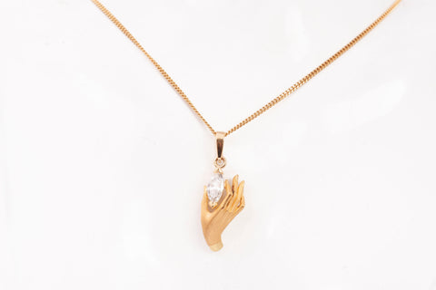 Ladies 18k Yellow Gold Solitaire Marquise Cut Hand Holding Pendant