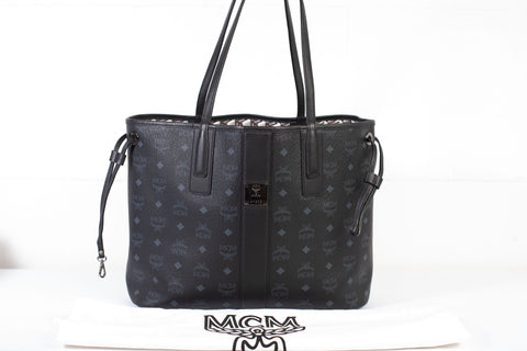 Authentic Black MCM Visetos Large Liz Reversible Shopper Tote Bag