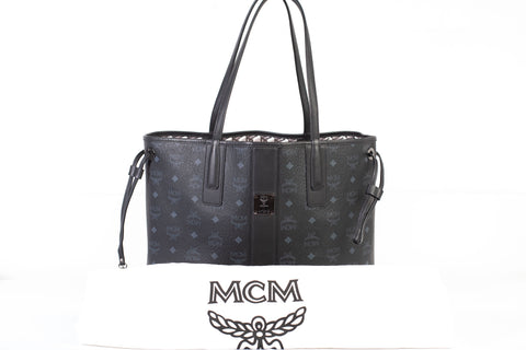 Authentic Black MCM Visetos Large Liz Reversible Shopper Tote Bag