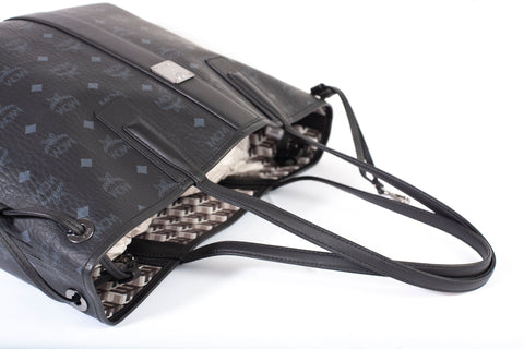 Authentic Black MCM Visetos Large Liz Reversible Shopper Tote Bag