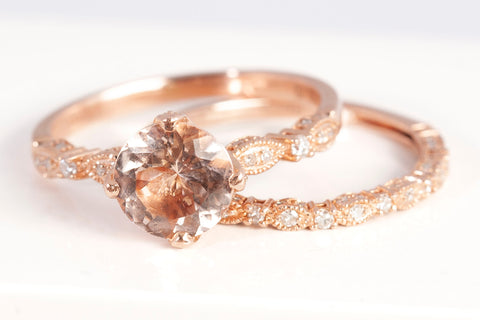 Ladies 14k Rose Gold Morganite & Diamond Accent Wedding Set 0.95CTW