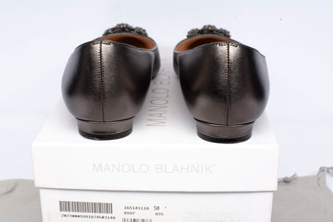 Authentic Manolo Blahnik Hangisi Metallic Crystal Buckle Pointy Toe Flat Size 39.5